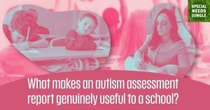 a montage of a boy at a school desk looking wistful and a teacher at her desk with paperwork